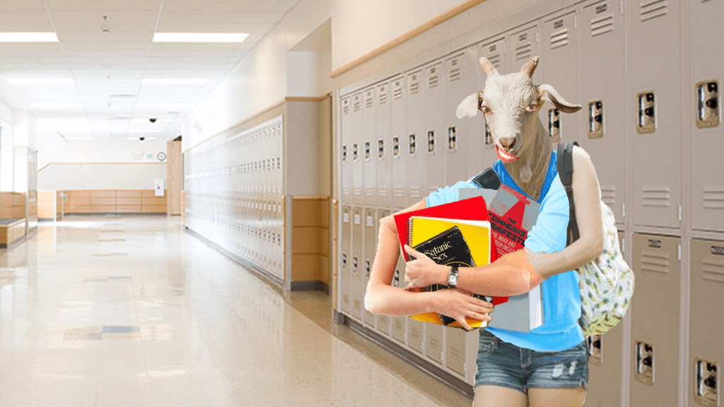 A half-human half-goat creature with school books and a backpack