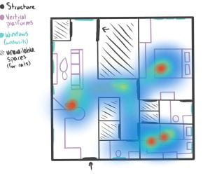 cat location heatmap with humans in apartment