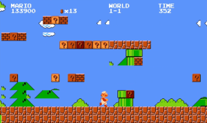 Mario in a glitchy version of 1-1, with floating pipes and rows of blocks.