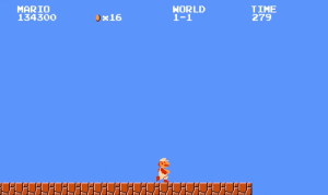 Mario is walking in an empty level on a thin line of blocks that abruptly ends.
